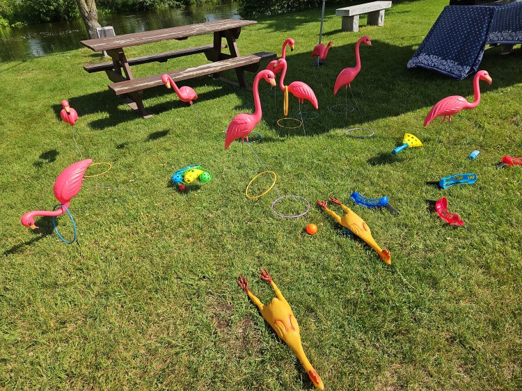 Flamingos and rubber chickens lawn game