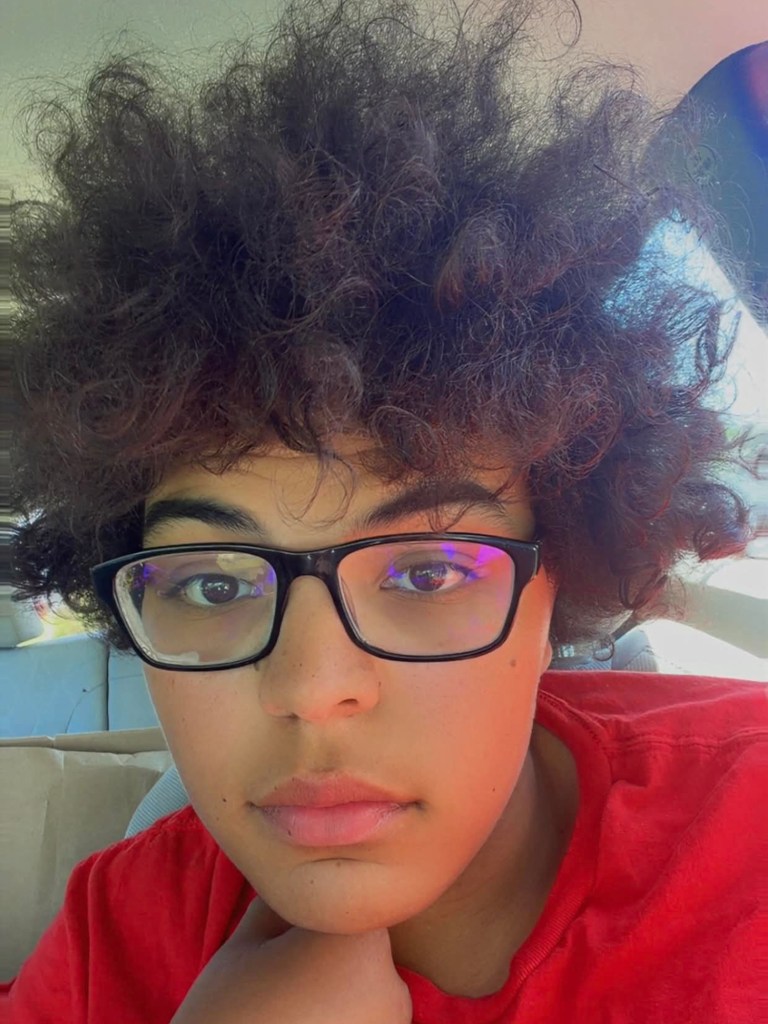 Person with big fluffy brunette hair and black glases